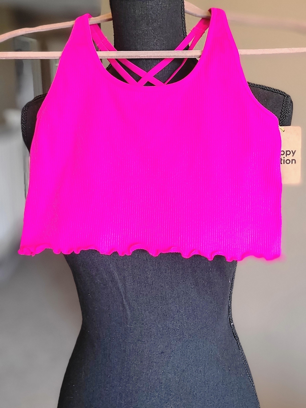 Girl's Hot Pink Ribbed Cropped Razorback Sports Bralette with Scalloped Bottom